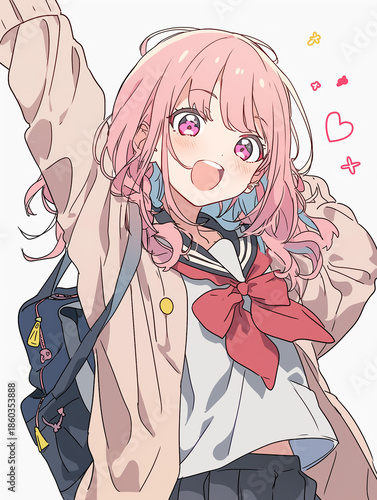 元気に手を振るピンク髪の女子学生　明るくポップなアニメイラスト

