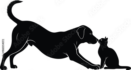 Dog and cat silhouettes meeting nose to nose, playful pet friendship moment, animal companionship and harmony concept, black vector illustration design