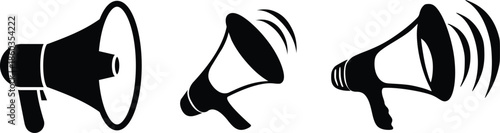 Megaphone icon collection with various styles and designs on a white background for effective communication.Four Black Silhouette Megaphone Icons on White Background bullhorn loudspeaker