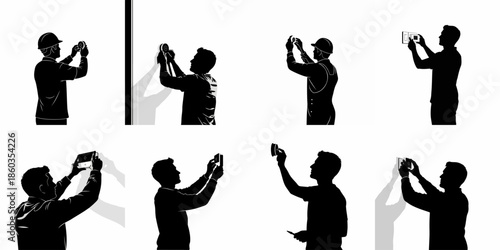 Silhouettes of professionals and men installing, inspecting, or setting up smart home devices, security cameras, and thermostats on walls.