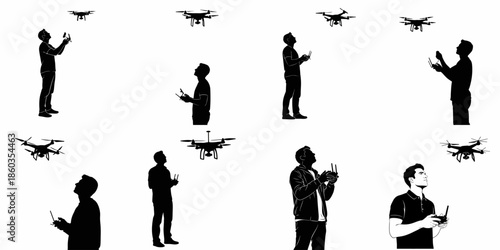 Collection of drone operator silhouettes controlling flying quadcopters, illustrating modern technology, remote piloting, and aerial photography.