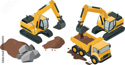 Isometric construction machinery illustration with excavators loading dump truck heavy equipment earthmoving industrial work site concept