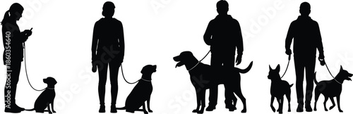 Dog walking silhouettes showing men and women with leashed pets, pet care, training, walking service, urban lifestyle illustration, flat vector