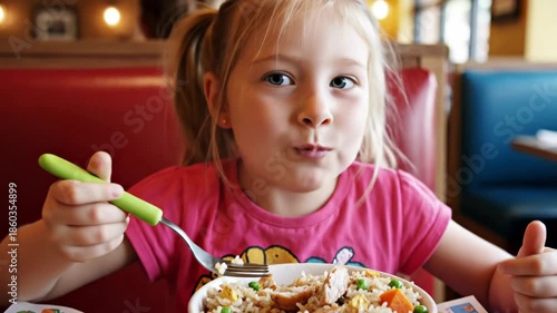 Young girl enjoying meal indoors with colorful bowl and spoon