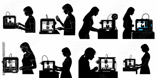 Silhouettes of women operating desktop 3D printers, demonstrating modern manufacturing, design, and prototyping technology.
