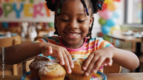 Young girl receiving muffins indoors smiling at the camera celebration