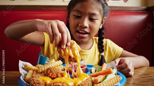 Young girl joyfully eating meal with fries and chicken on plate