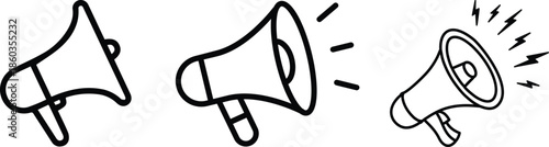 Megaphone icon collection with various styles and designs on a white background for effective communication.Four Black Silhouette Megaphone Icons on White Background bullhorn loudspeaker