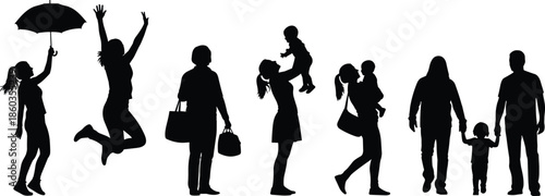 Family silhouette collection, parents children activities, everyday life moments, walking jumping shopping parenting, black isolated vector illustration, white background, design