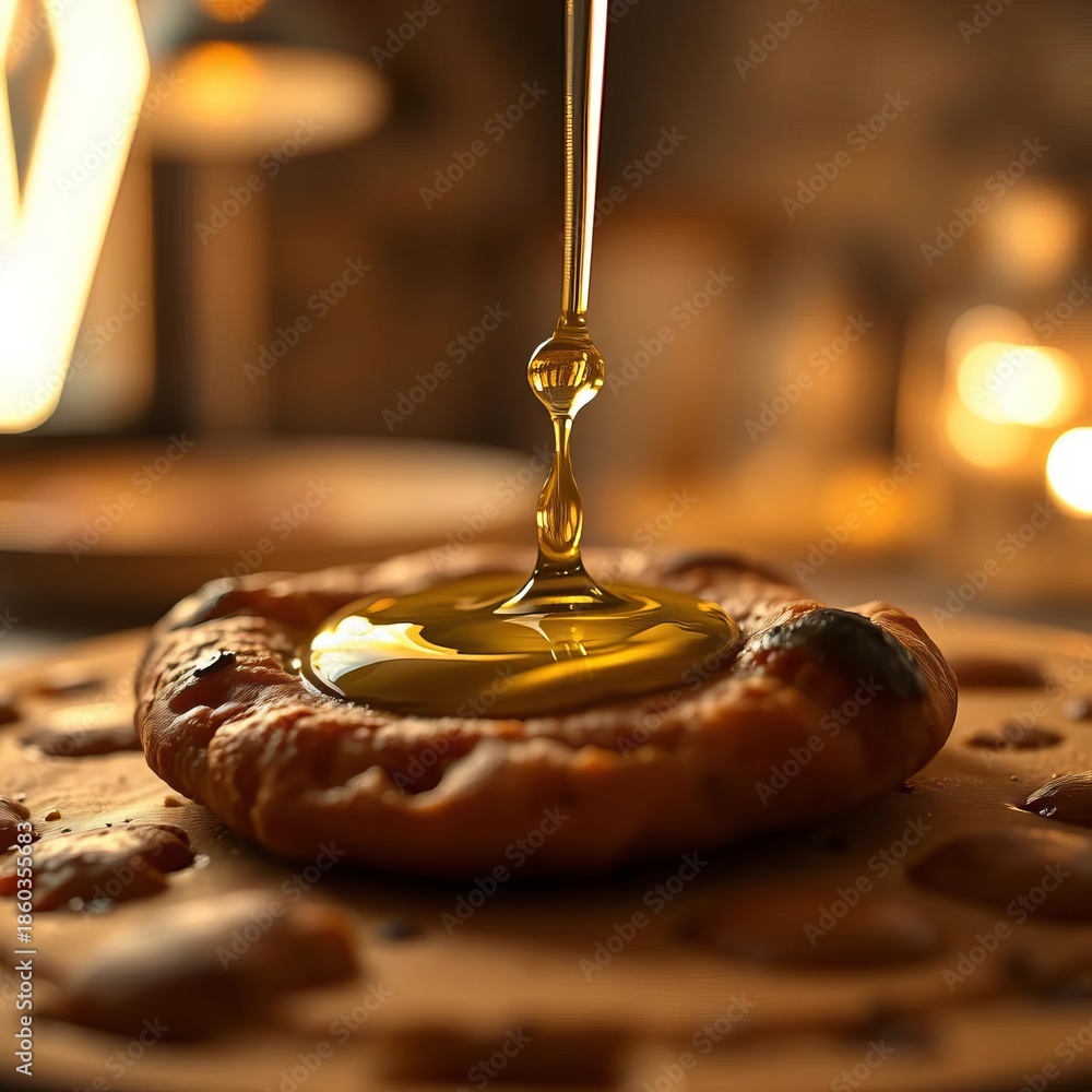 Obraz premium A drizzle of olive oil forming a delicate swirl on a crust, captured with a shallow depth of field and warm, ambient light, swirl, minimalist