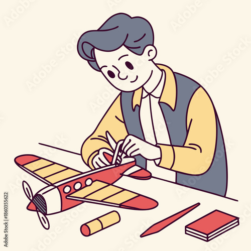 Boy assembling toy airplane with focus and care