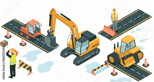 Isometric road construction illustration with excavator roller workers safety barriers and machinery repairing wet highway infrastructure scene
