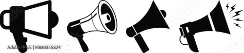 Megaphone icon collection with various styles and designs on a white background for effective communication.Four Black Silhouette Megaphone Icons on White Background bullhorn loudspeaker