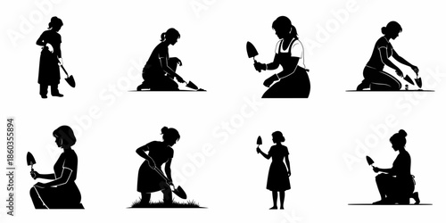 Collection of eight black silhouettes featuring women gardening, digging, and planting with hand trowels.