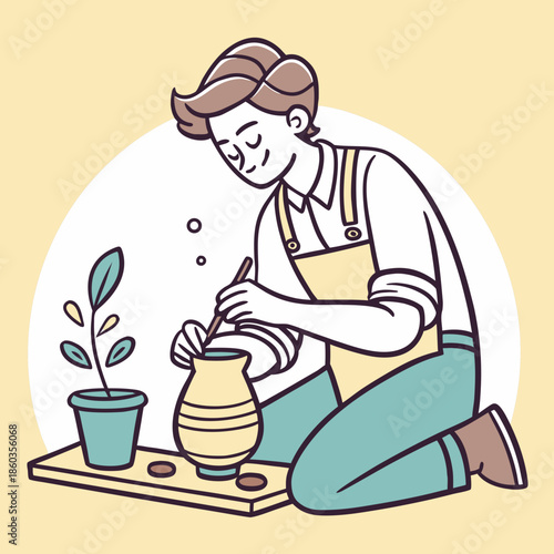 Artist shaping clay pottery on table