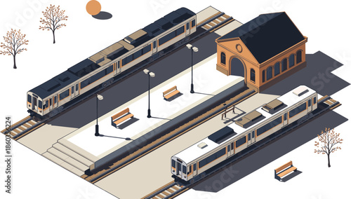 Isometric train station illustration with modern tram platform urban transport infrastructure city railway travel concept detailed 3d design