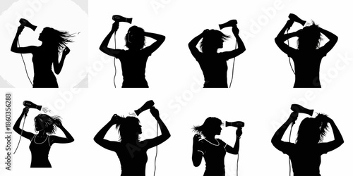 Eight vector silhouettes illustrating women drying and styling their hair using a hairdryer, displaying different poses, isolated on a white background.