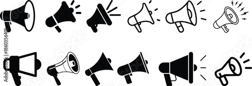 Megaphone icon collection with various styles and designs on a white background for effective communication.Four Black Silhouette Megaphone Icons on White Background bullhorn loudspeaker