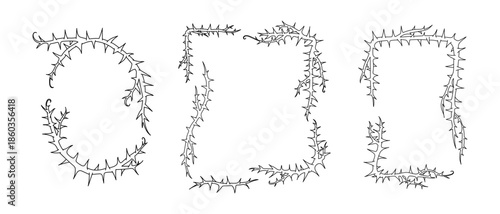 Thorn vine frames and borders vector set. Black twisted thorn branches, barbed stems, creepy patterns. Isolated design elements for tattoos, gothic art, religious symbols.