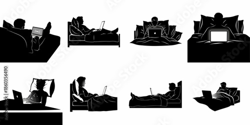 Silhouettes of people using laptops in bed, vector set illustrating remote work, late-night screen time, digital lifestyle, comfort, and relaxation at home.