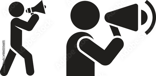 Megaphone icon collection with various styles and designs on a white background for effective communication.Four Black Silhouette Megaphone Icons on White Background bullhorn loudspeaker