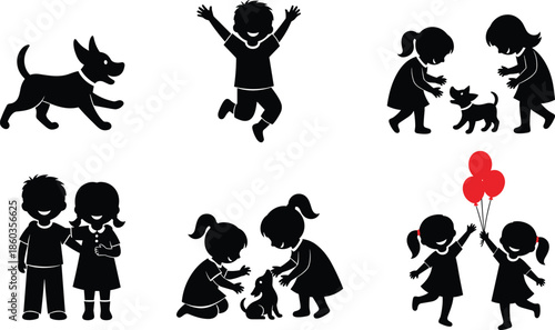 Happy children silhouettes playing with puppy and balloons, joyful childhood moments, friendship and fun activities concept, black vector illustration set