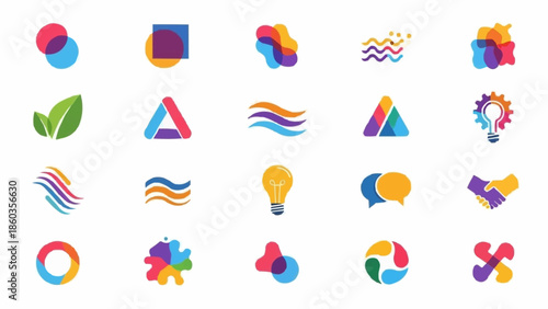 Collection of vibrant and modern logo designs featuring abstract shapes and colorful gradients.