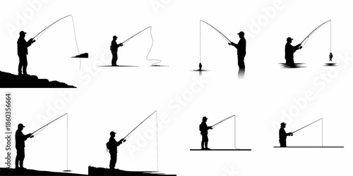 Collection of fisherman silhouettes actively fishing with a rod, showing various poses, casting, and catching fish, isolated vector set for outdoor sport and hobby.