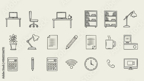 Collection of Hand-Drawn Office and Business Related Icons.