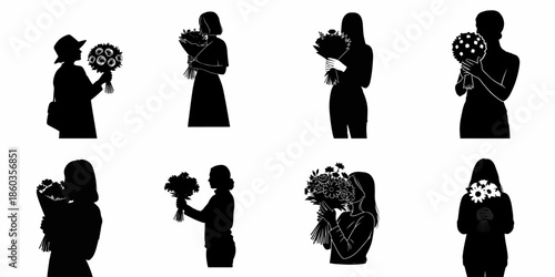 Set of eight black and white silhouettes depicting women holding and enjoying different styles of floral bouquets, symbolizing romance and appreciation.