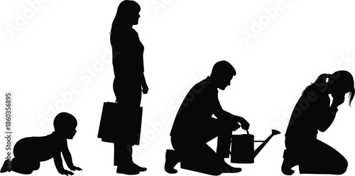 human life stages silhouette illustration, baby child adult senior progression concept isolated, growth aging cycle figures for design projects branding