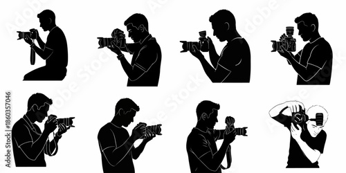 Eight vector silhouettes of male photographers in different poses capturing images with DSLR cameras, isolated on a white background.