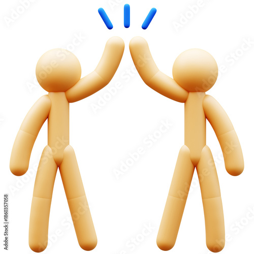 3D Illustration of two stick figures giving a high five, symbolising teamwork, cooperation, success, and achievement. Cheerful and positive vibe.