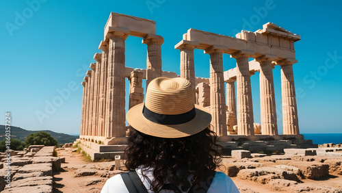 Female tourist admiring ancient Greek ruins at Sounion | Traveler wearing straw hat visiting Temple of Poseidon | Majestic Doric columns against a bright blue sky | Summer vacation exploring historica