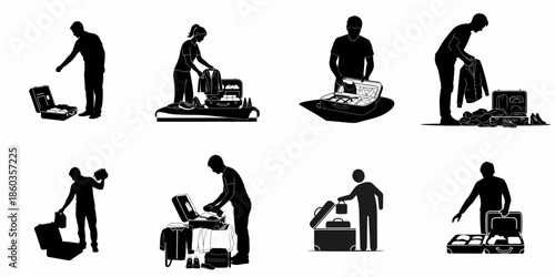 Black silhouettes of people packing and unpacking luggage, organizing clothing and essentials for travel, vacation, or business trip preparation icons.