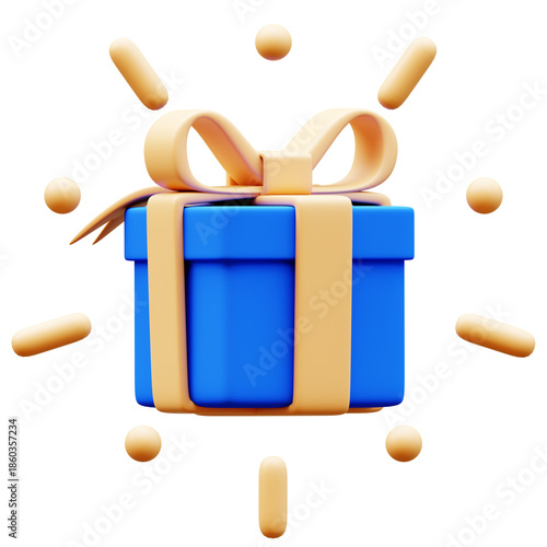3D Illustration of a bright blue gift box with a cream-colored ribbon and light shapes around it, symbolizing a special occasion or surprise.