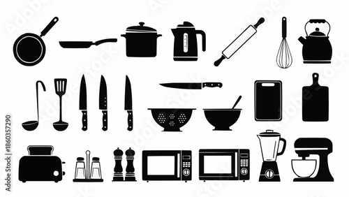 Collection of kitchen utensils and appliances in silhouette.