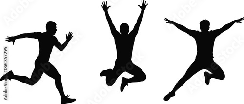 Jumping athlete silhouettes showing powerful movement, fitness energy and freedom concept, dynamic sport action poses, black vector illustration design