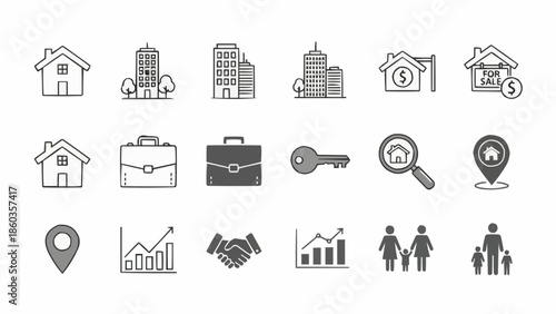 Real Estate Icons - Houses, Buildings, Business, and Family.