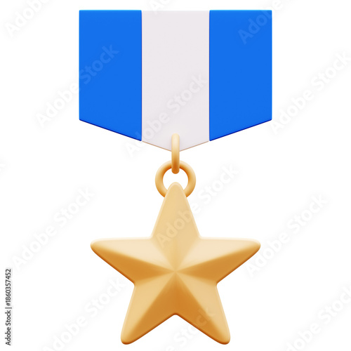 3D Illustration of a gold star medal with blue and white ribbon, isolated on white background. Award, achievement, success, victory, honor, reward, recognition.
