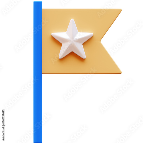3D Illustration of a beige flag with a white star on a blue pole. Symbol of achievement, success, and marking a location. 3D rendering.