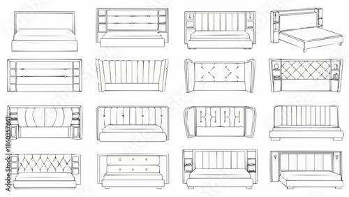 Collection of modern bed headboard designs in line art style.