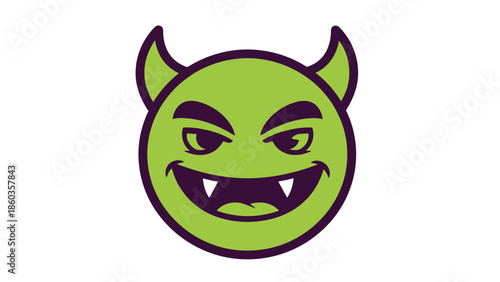 Green Devil Emoji with Horns and Sharp Teeth.