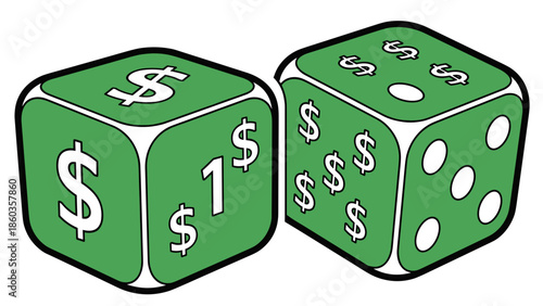 Green Dice with Dollar Signs A Symbol of Financial Risk and Reward.