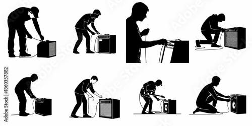 Vector Silhouettes Set of People Plugging Cables into Guitar Amplifiers and Sound Equipment for Music Setup and Stage Preparation.
