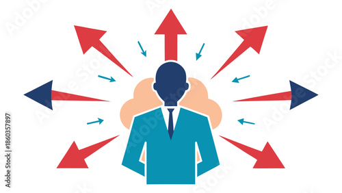 Businessman under pressure with arrows pointing toward him symbolizing stress, decision-making and leadership challenges