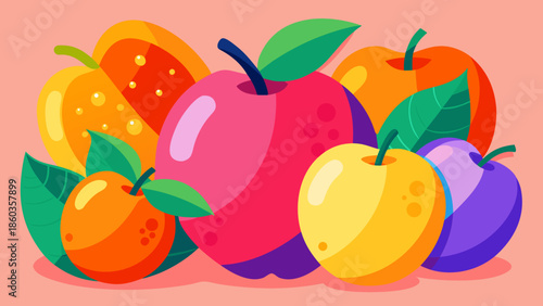 Colorful assortment of fresh fruits in vibrant flat style with bold shapes and glossy textures on pink background