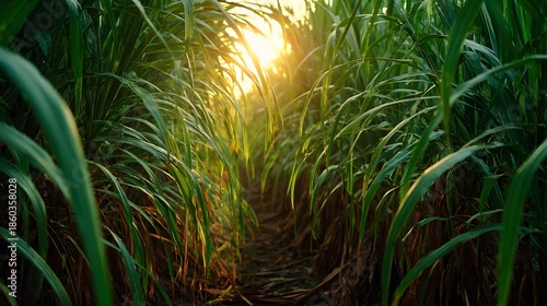Tall green sugarcane stalks in a dense field with golden sunlight streaming through translucent leaves creating a warm and bright lens flare.