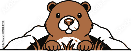 Cute cartoon bear emerging from snowy ground in springtime