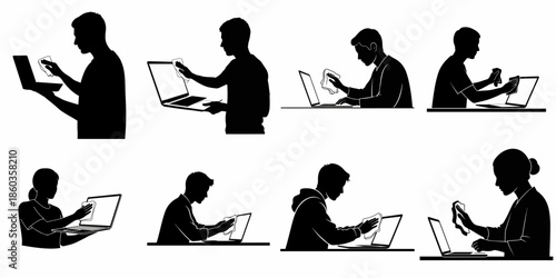 Silhouette Set of People Cleaning Laptop and Electronic Device Screens, Illustrating Computer Hygiene and Maintenance.